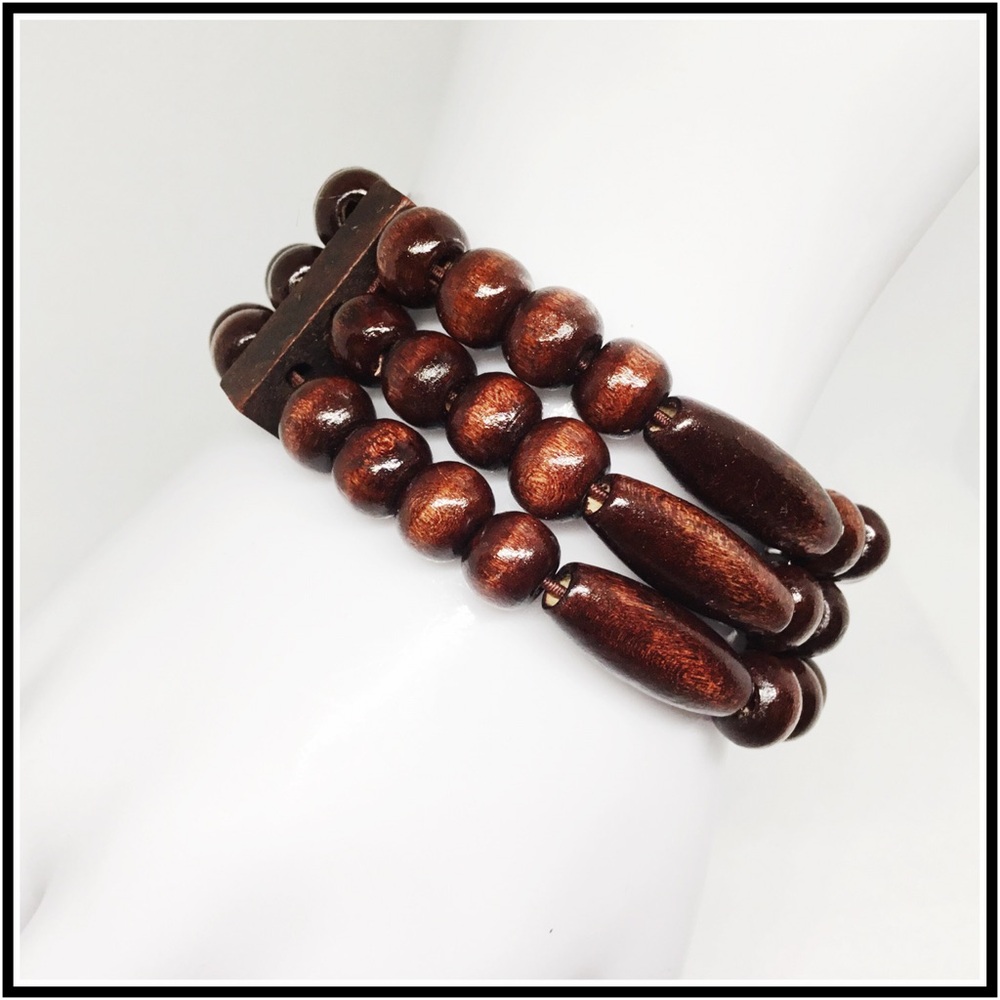Dark Brown Layered Wood Beaded Bracelet - Picture 2 of 2